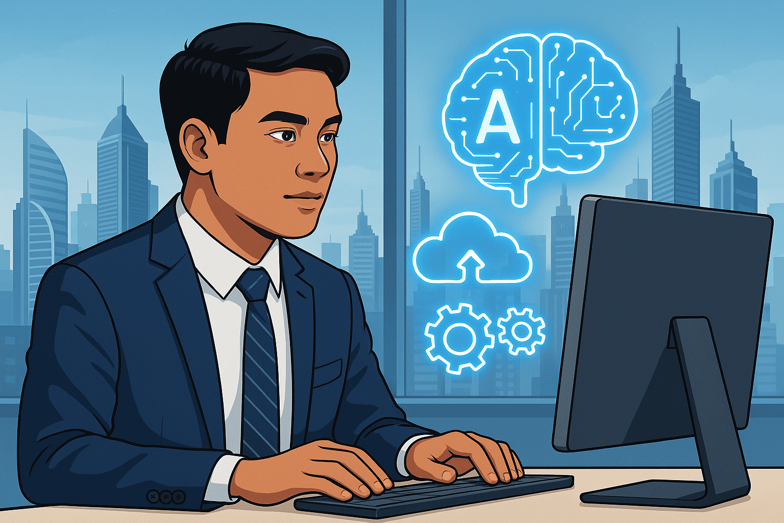 image1 Filipino office worker exploring AI tools on a computer with digital icons and Manila skyline in the background