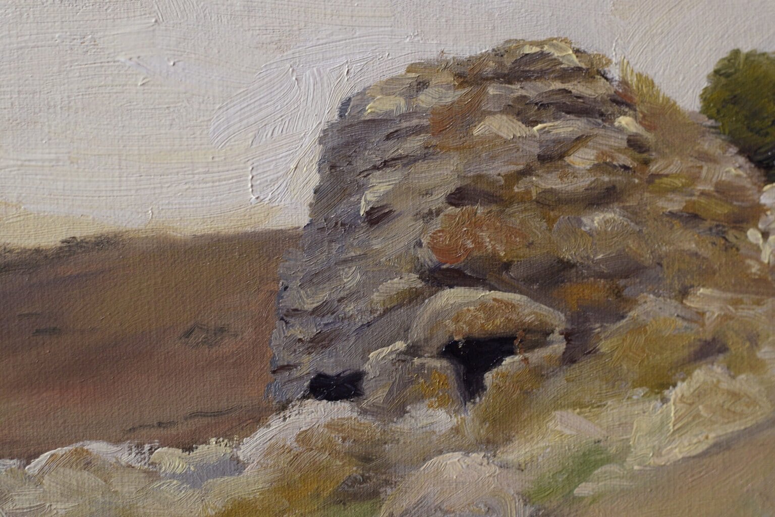Close-up of granite stone texture and dark entrances in the Nuraghe Izzana oil painting