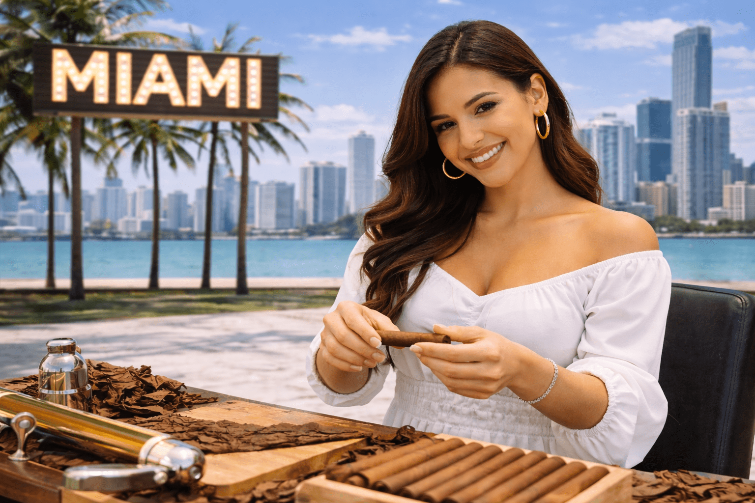 Live cigar rolling Miami station for yacht parties, waterfront events, luxury weddings, and private celebrations