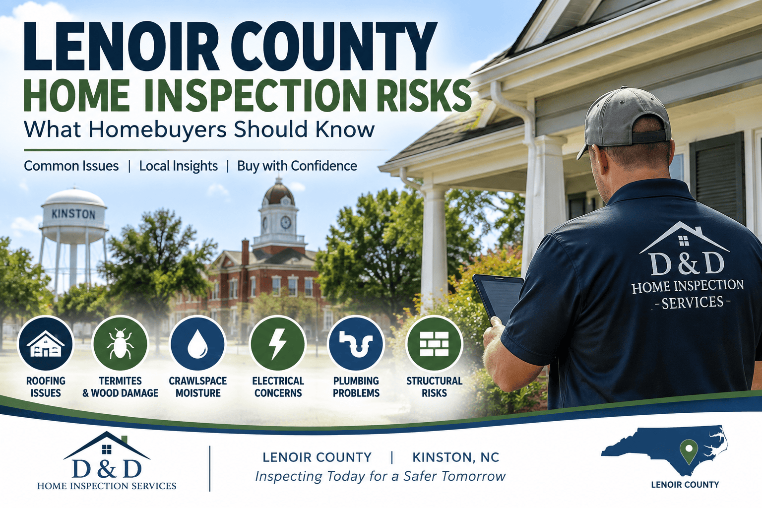 Lenoir County home inspection in Kinston NC highlighting roofing, termites, crawlspace moisture, electrical, plumbing and structural risks