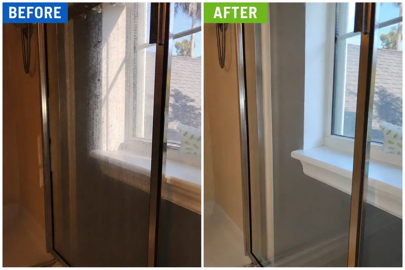Interior Cleaning Projects Before-and-after comparison of a glass shower door cleaned by DSS Cleaning in Mount Pleasant, SC