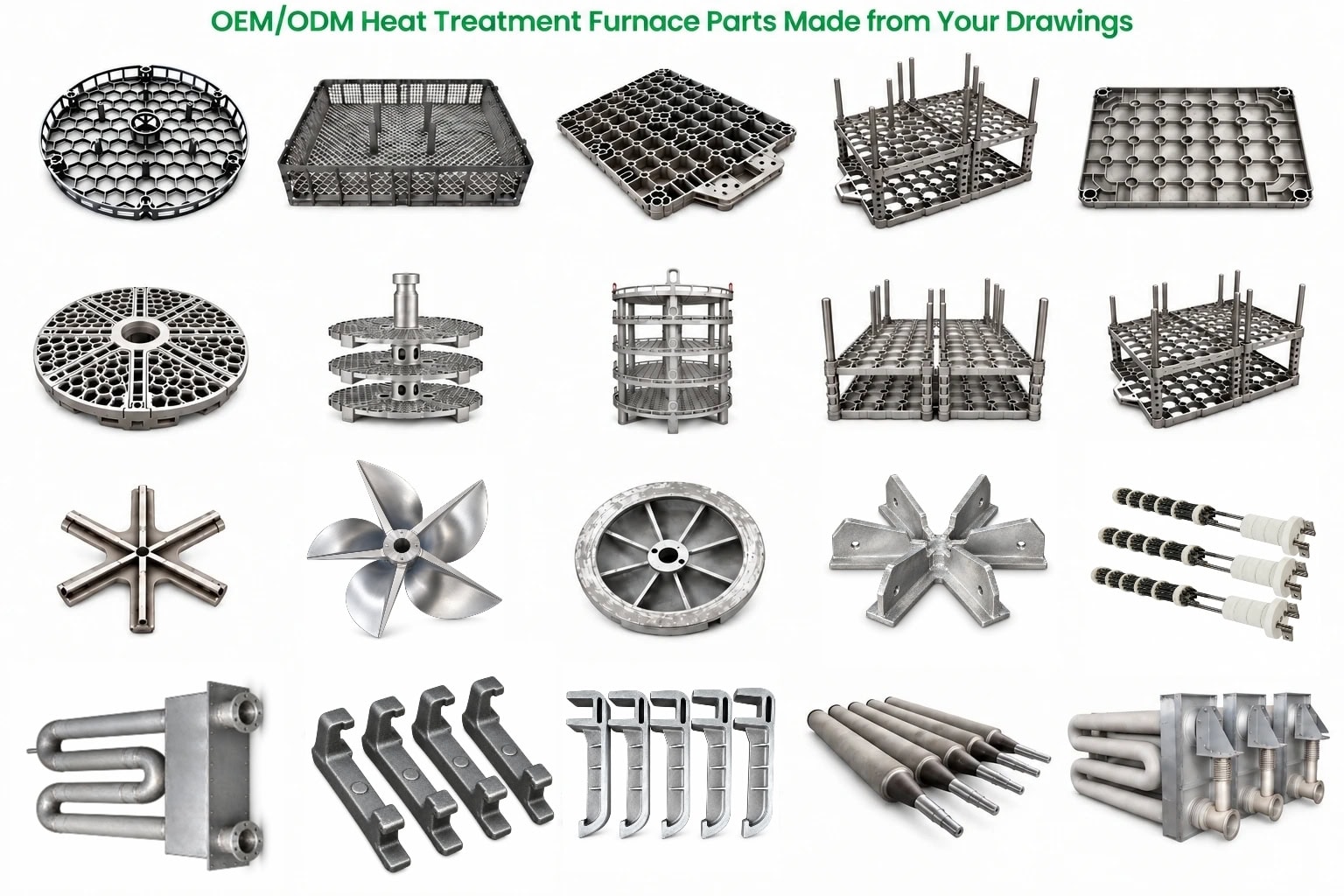 OEM heat treatment furnace parts including baskets, trays, fixtures, fans, radiant tubes and furnace rolls
