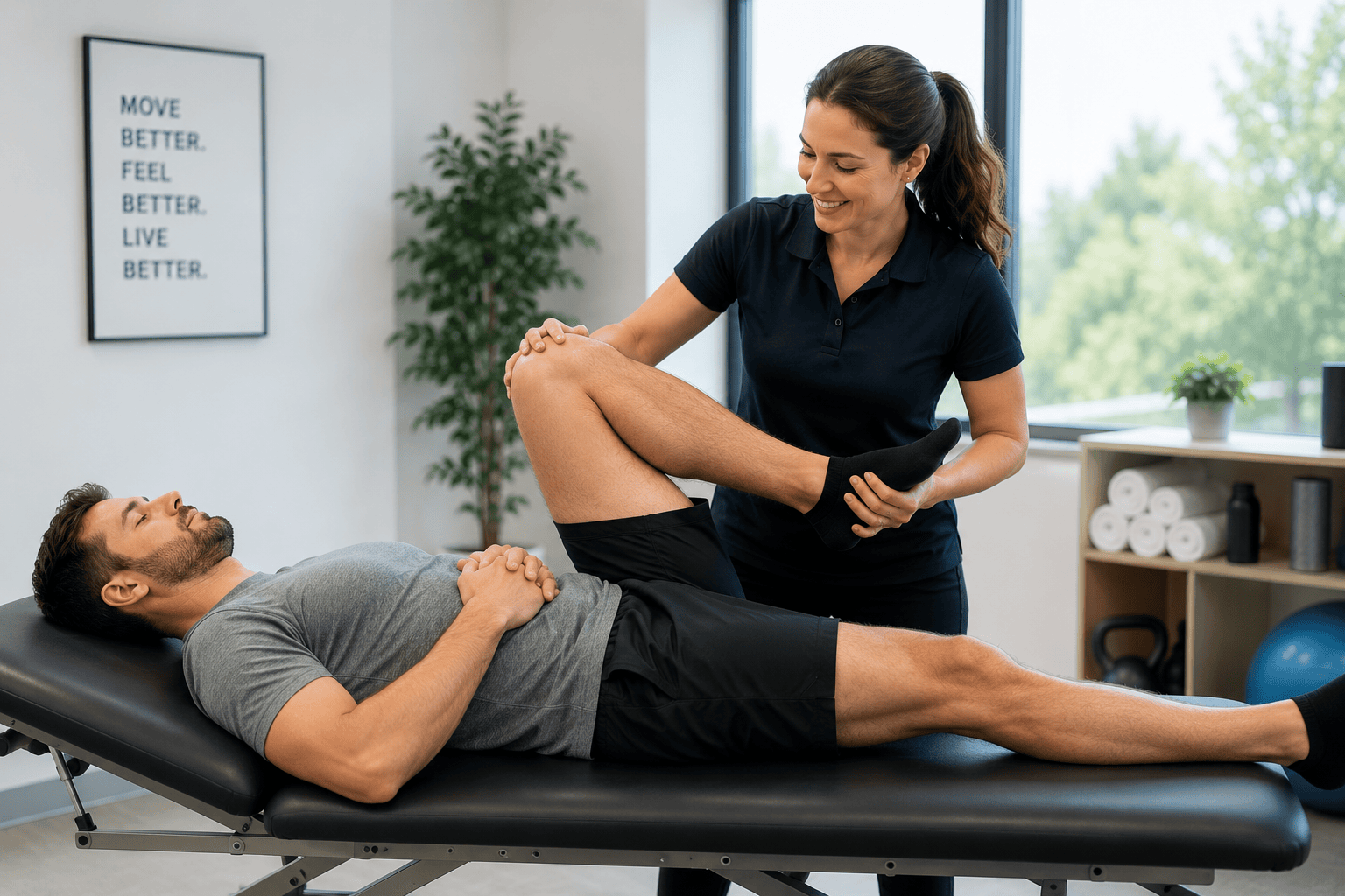 Physical therapist performing manual therapy on a patient's knee