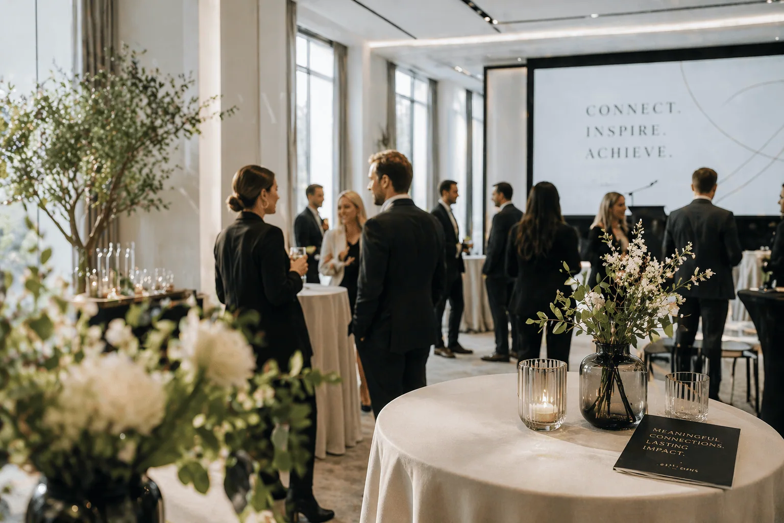 Professionals networking at an elegant corporate event in a bright, modern venue with refined decor and a sophisticated atmosphere