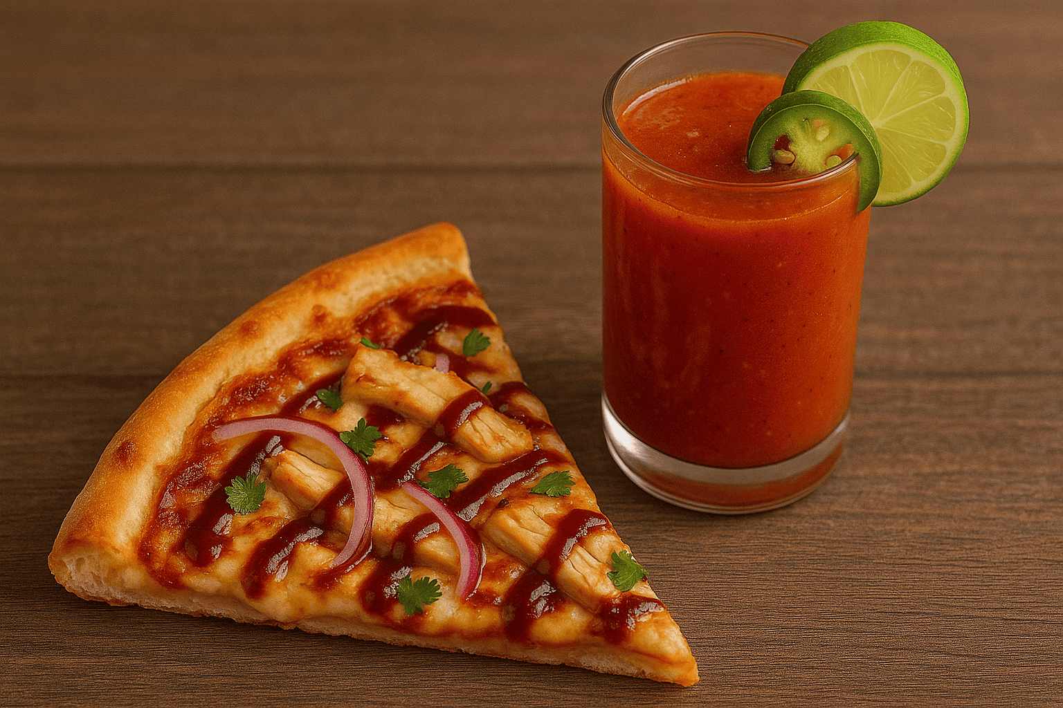 BBQ Chicken Pizza + Spicy Bloody Maria (Vodka)