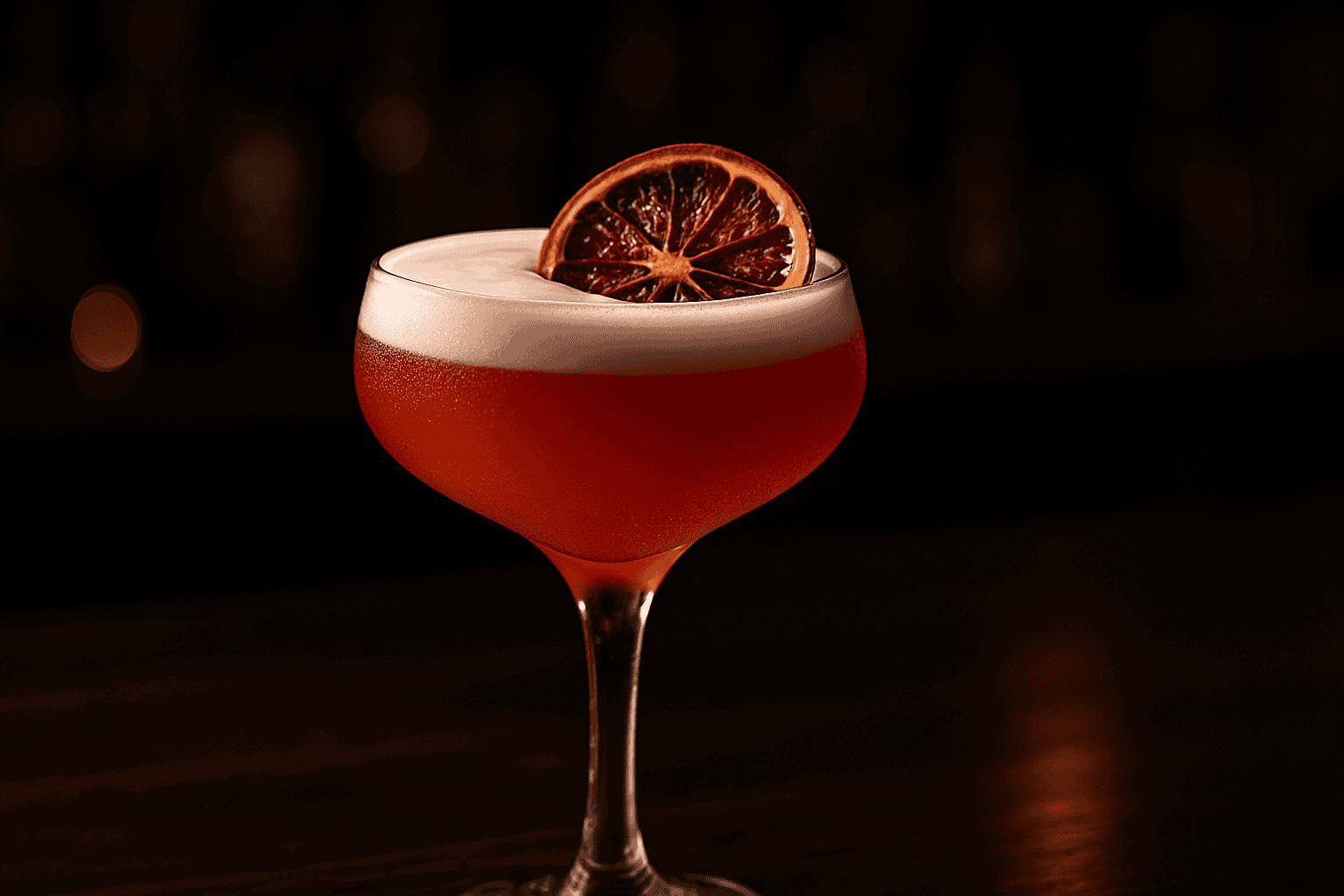 Blood orange vodka sour with foam and citrus slice, winter cocktail