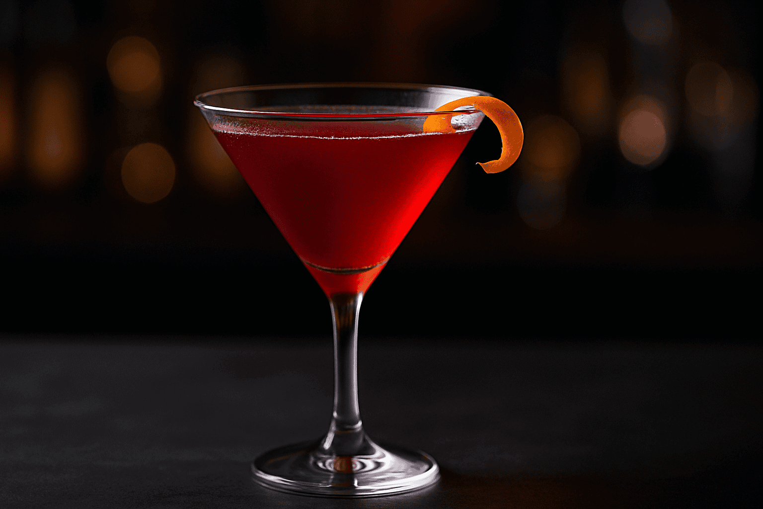 Cranberry vodka martini with orange peel, festive winter cocktail