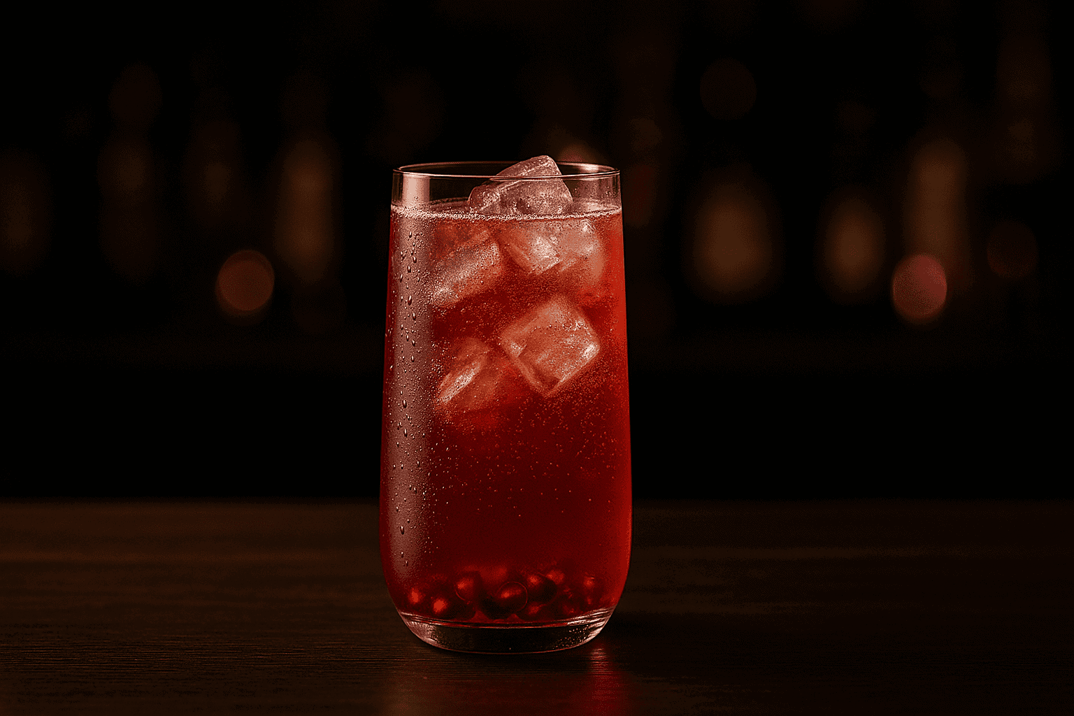 Pomegranate vodka highball with ice and pomegranate seeds, winter cocktail