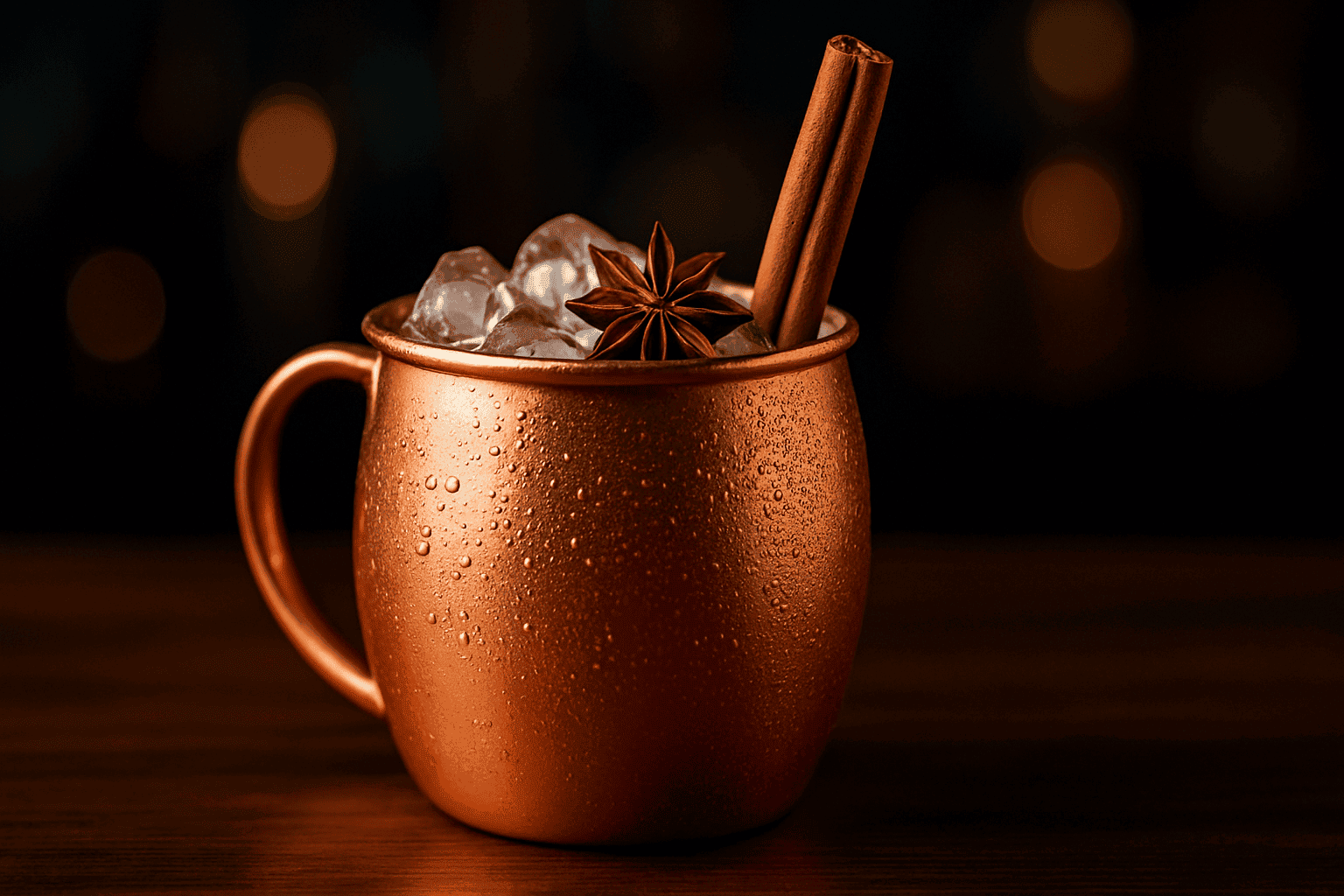 Winter Spice Mule cocktail with cinnamon and star anise in a copper mug, winter vodka drink