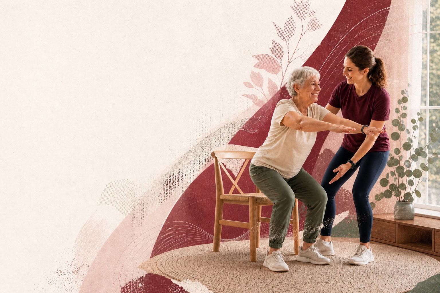 Healthroos allied health clinician supports an older woman with a sit-to-stand exercise at home