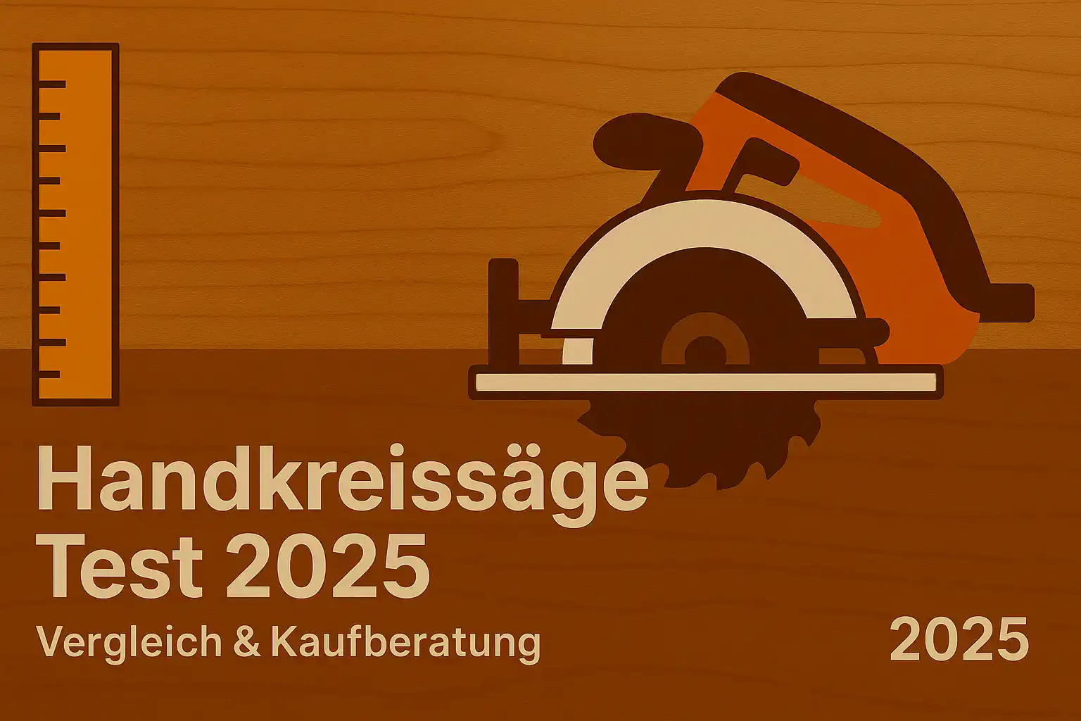 Illustration einer Handkreissäge auf Holz-Hintergrund mit Maßstab; Titelbild zum Artikel „Handkreissäge Test 2025 – Vergleich & Kaufberatung“.