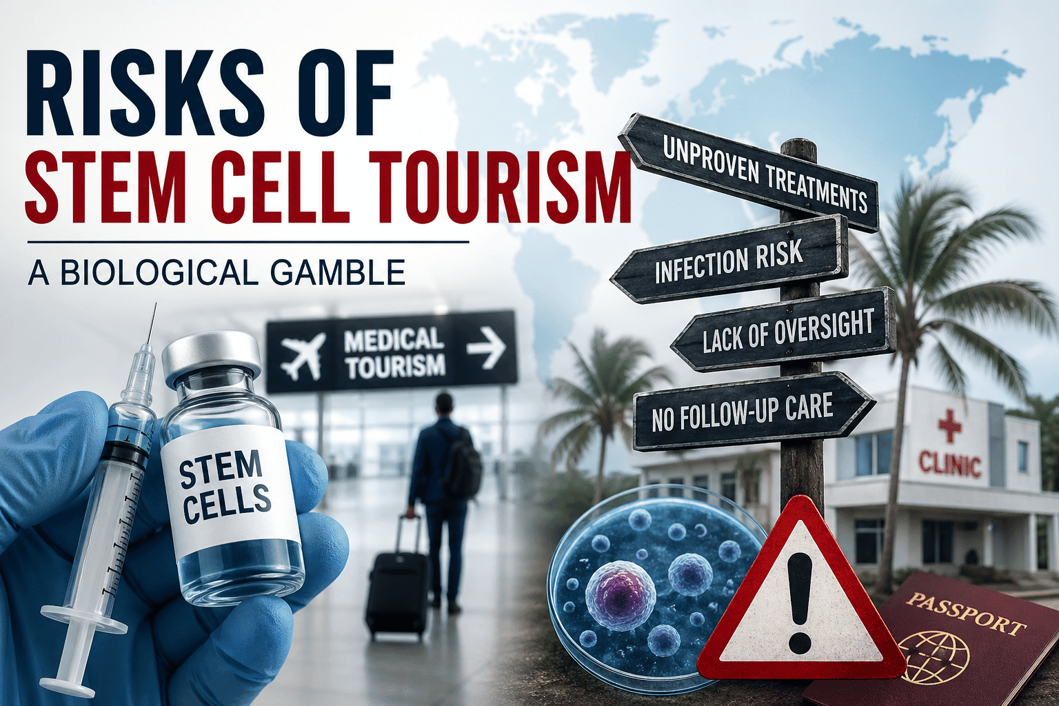 Risks of stem cell tourism with medical travel, unproven treatment warnings, infection risk, and lack of follow-up care.
