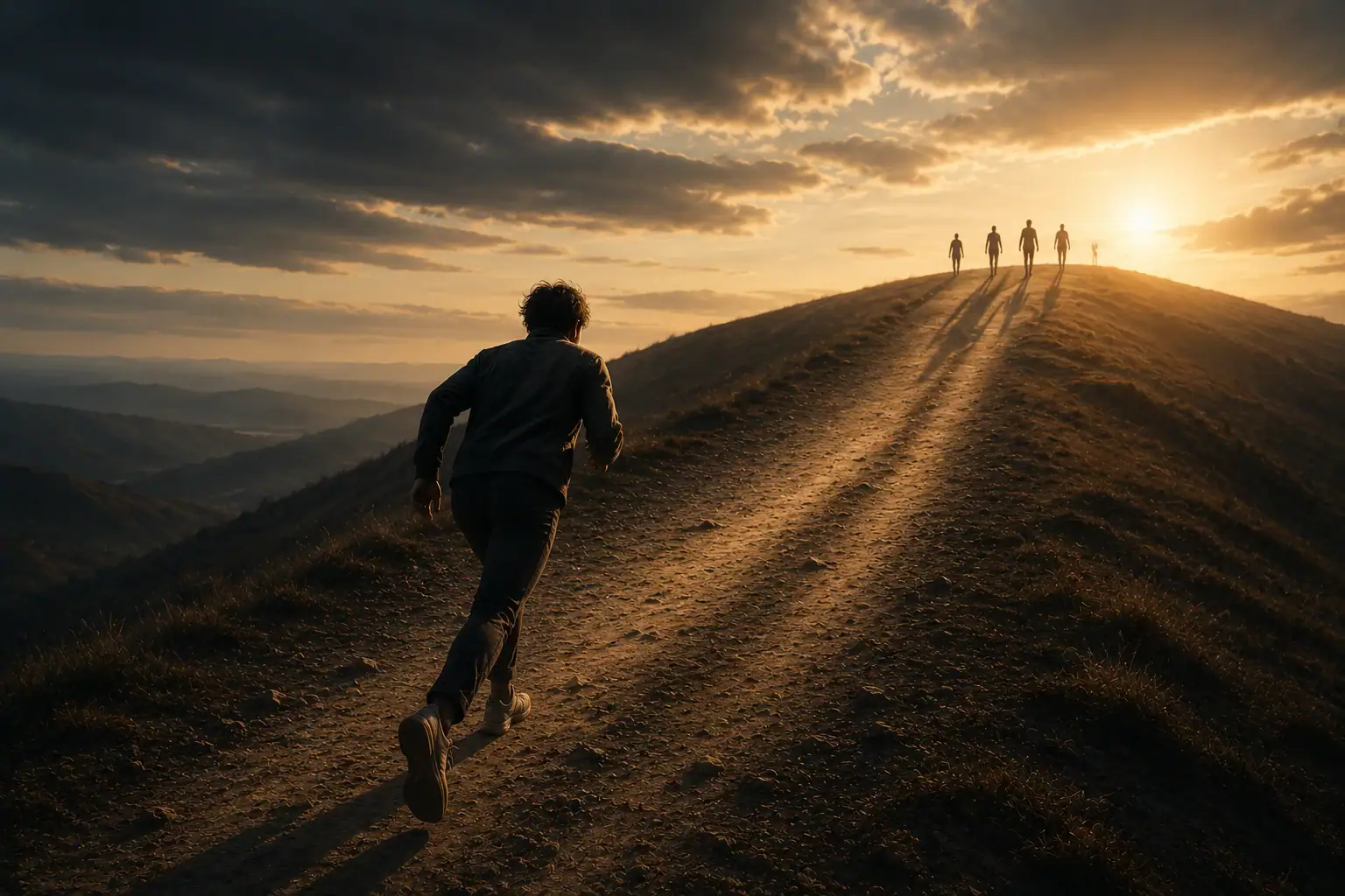 Why do I feel like I'm always behind in life? A person walking uphill toward distant figures that always remain ahead, symbolizing the feeling of constantly playing catch up.