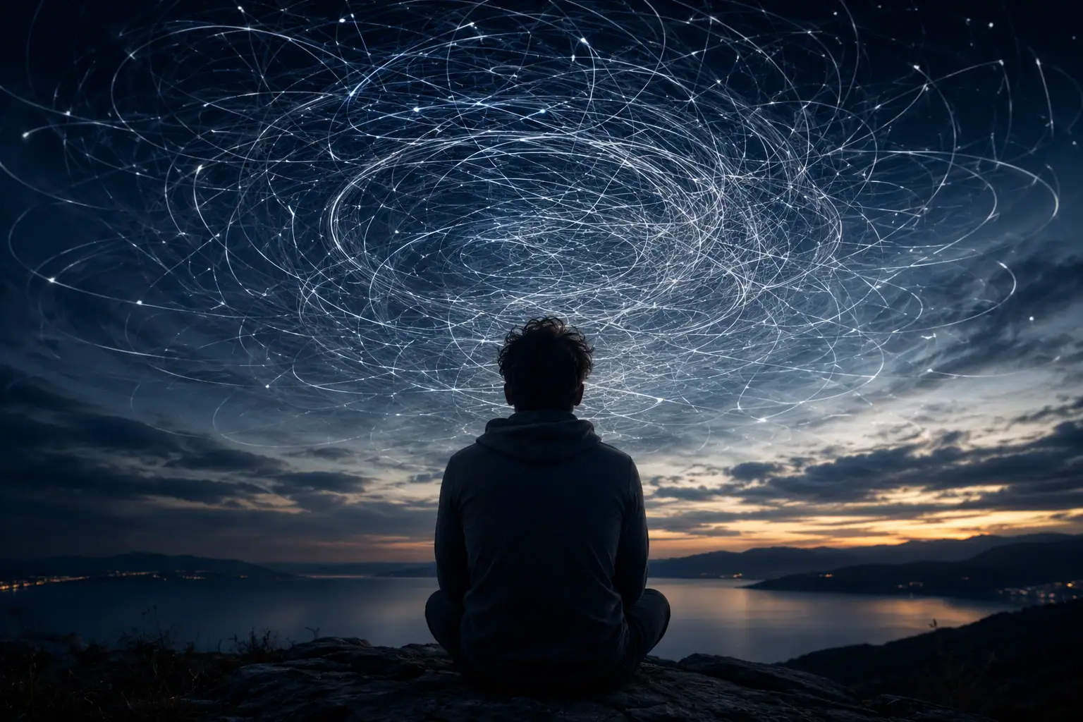 Why can't my brain slow down? A person sitting beneath a sky filled with swirling thoughts and moving patterns, symbolizing persistent mental activity and cognitive overload.