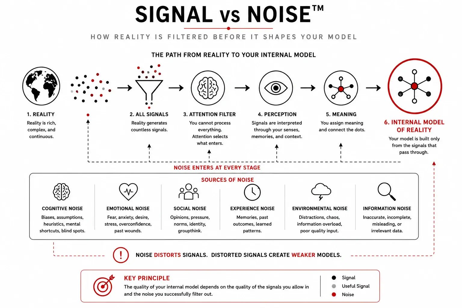 Signal vs Noise™ diagram showing how cognitive, emotional, social, environmental, and memory noise distort information before it enters the Internal Model of Reality.