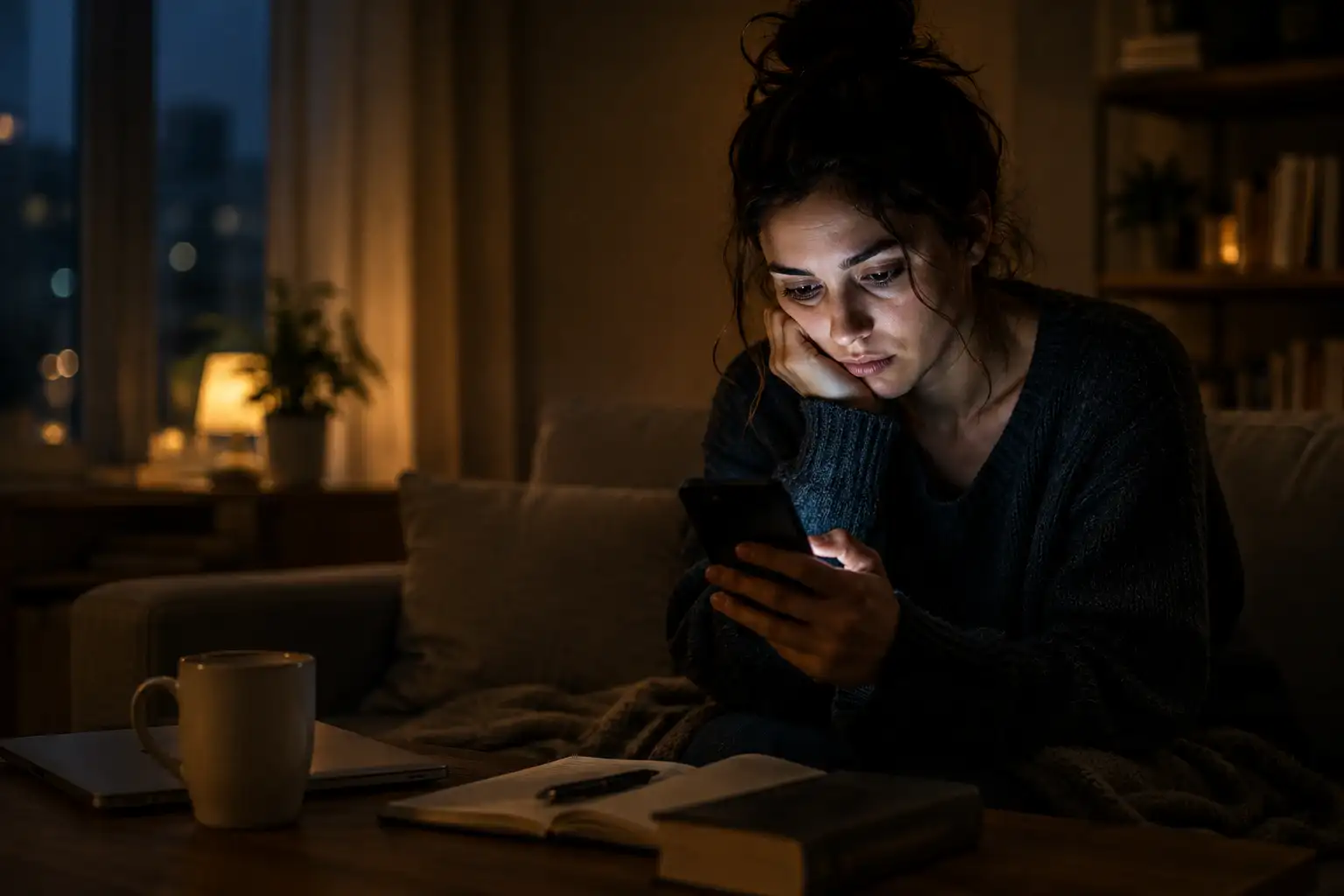Why can't I stop checking my phone? A person sitting in a quiet evening living room illuminated by a smartphone screen, symbolizing compulsive phone checking, attention fragmentation, and cognitive overload.