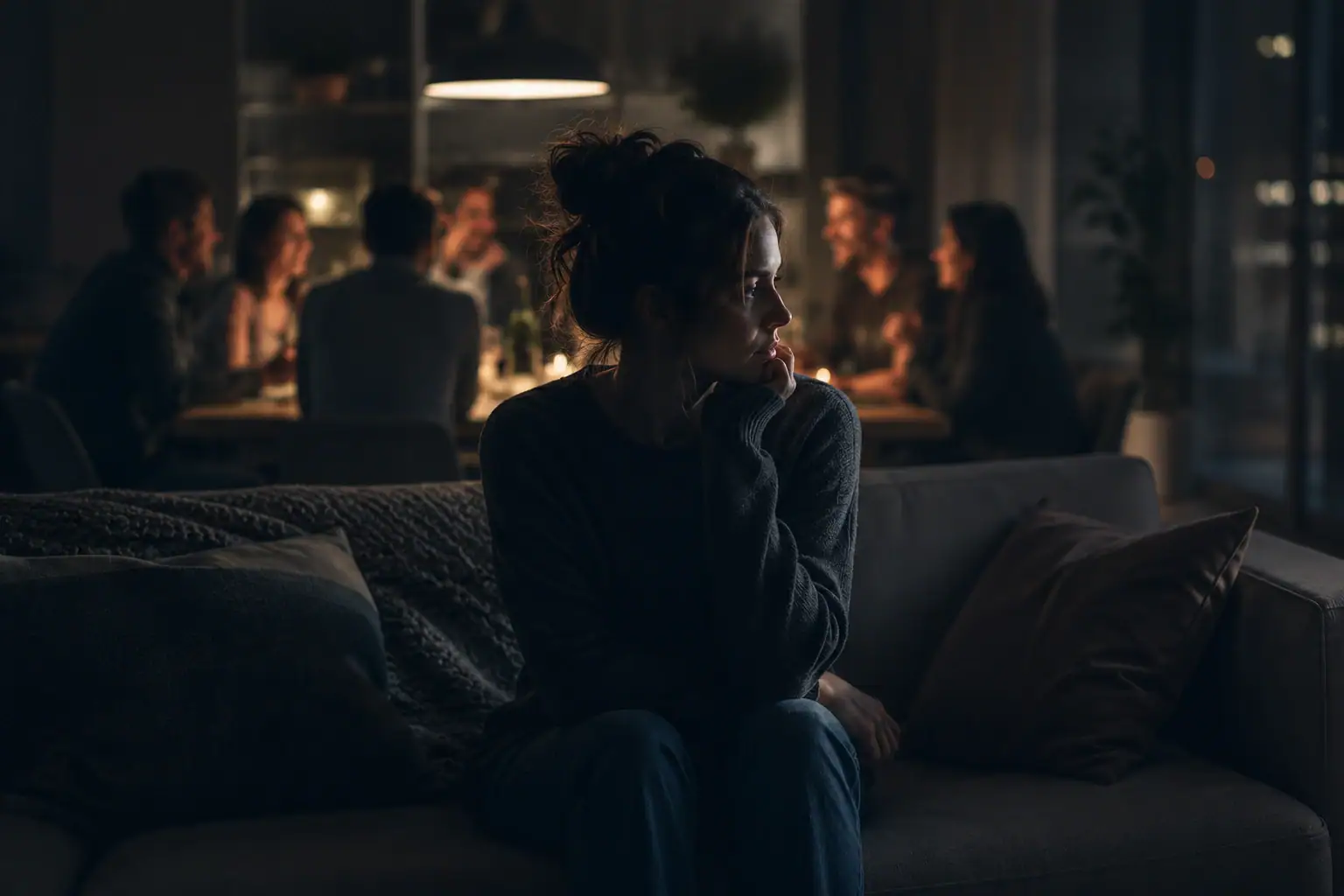 Why do I feel disconnected from everything? A person sitting quietly in a room while others socialize in the background, symbolizing emotional disconnection, numbness, and feeling detached despite being surrounded by life.