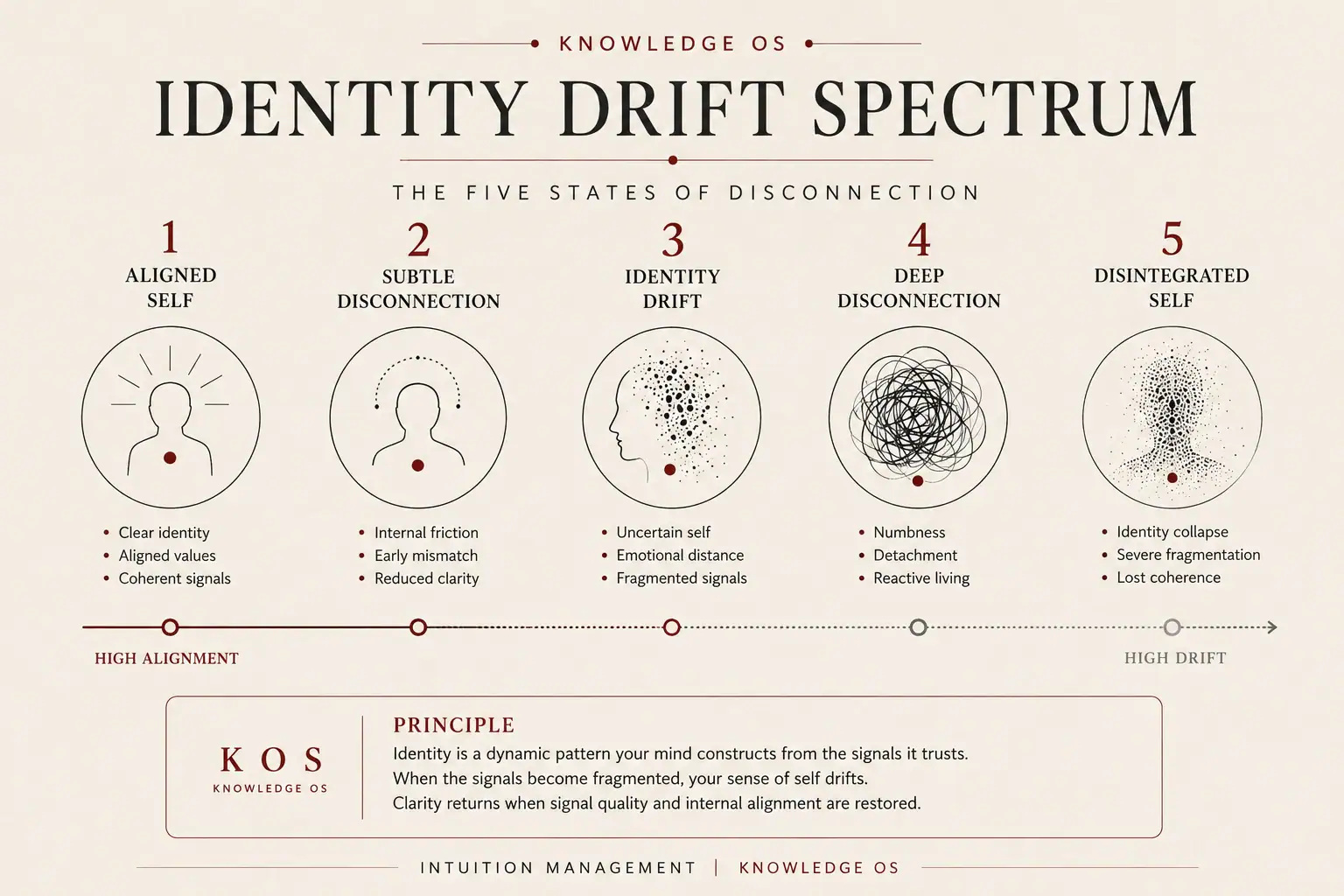 Identity Drift Spectrum showing five states from aligned self to severe disconnection