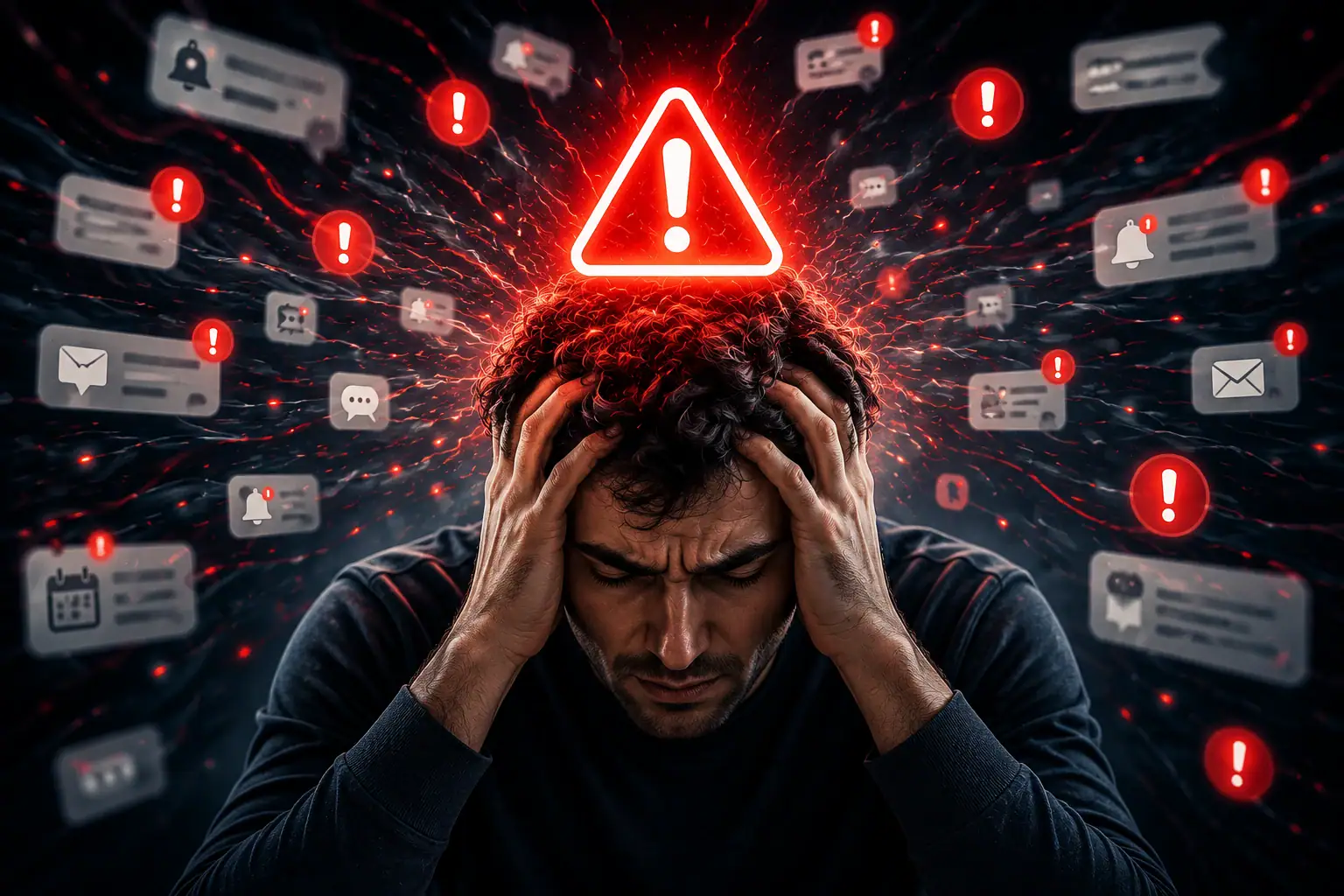 A person overwhelmed by countless notifications and warning signals, illustrating how cognitive overload makes everything feel urgent.