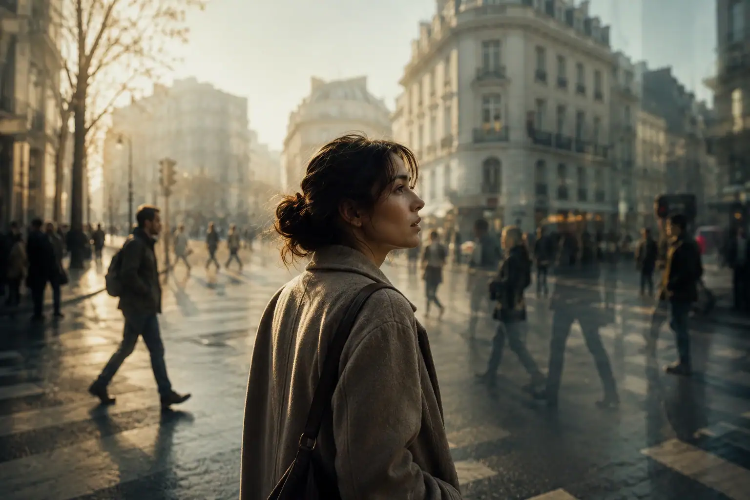 Why does everything feel fake lately? A thoughtful person standing in a familiar city that subtly feels distant, dreamlike, and emotionally unreal.
