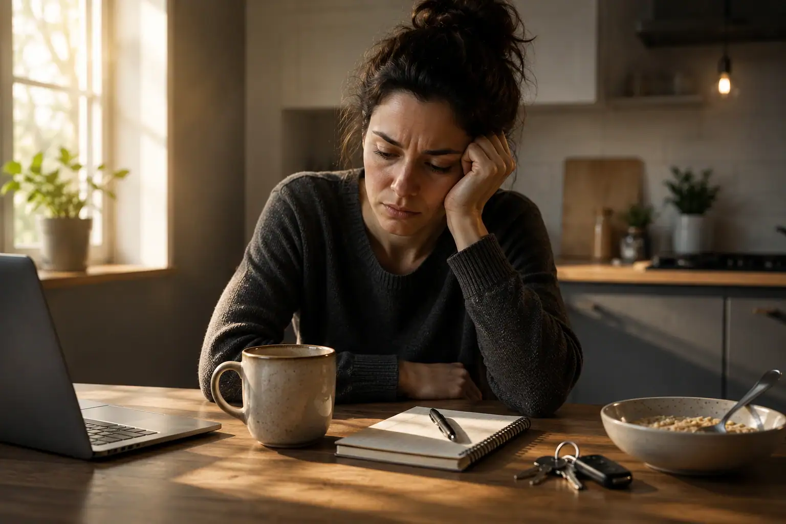 Why does everything feel difficult? A woman sitting at a kitchen table staring at an ordinary morning routine that suddenly feels much harder than it should.