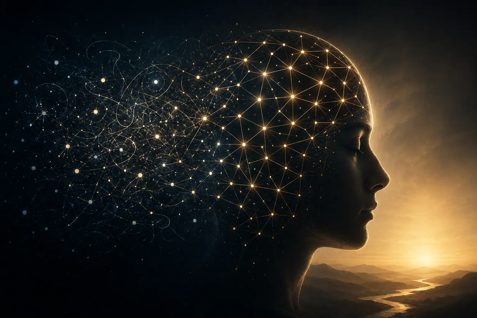 An interconnected network of light gradually forming the outline of a human mind, symbolizing how an internal model of reality emerges from information.
