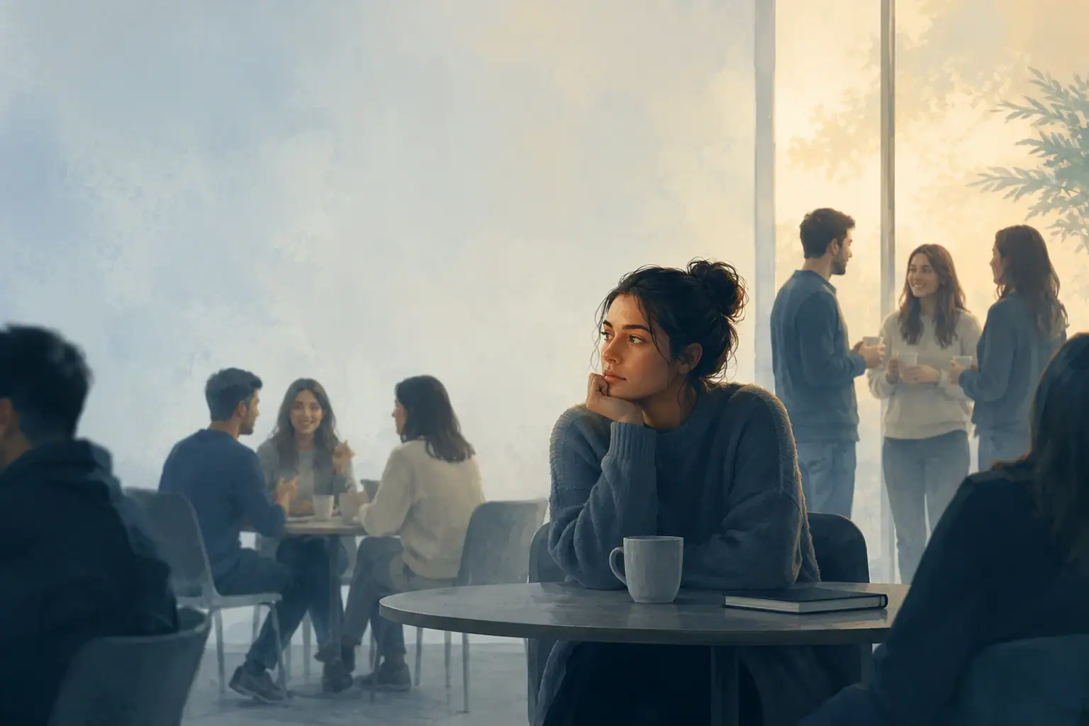 A woman sitting alone while nearby groups talk, illustrating the feeling of not belonging anywhere.