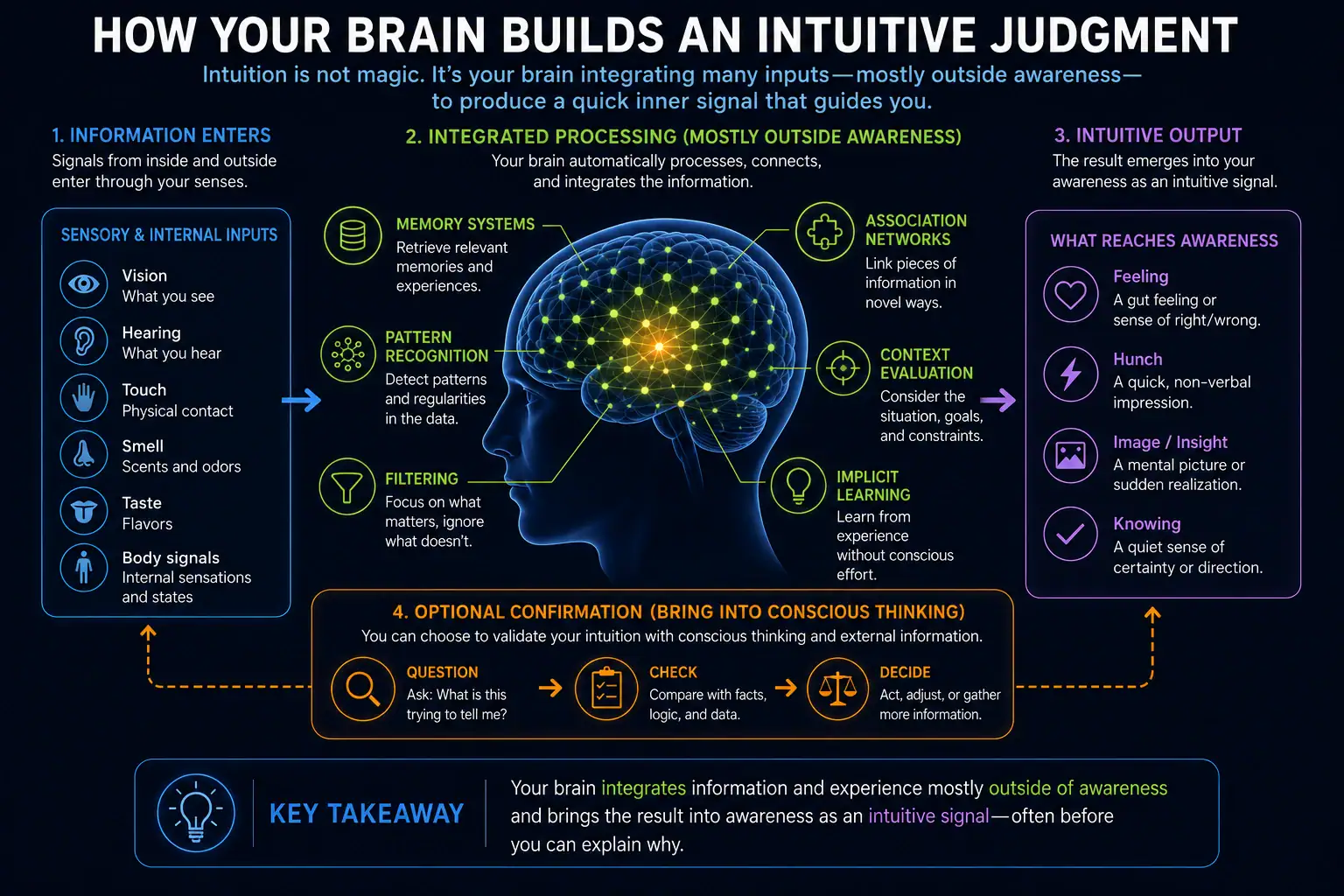 How the brain integrates sensory and internal inputs, memory, patterns, context and implicit learning into an intuitive judgment