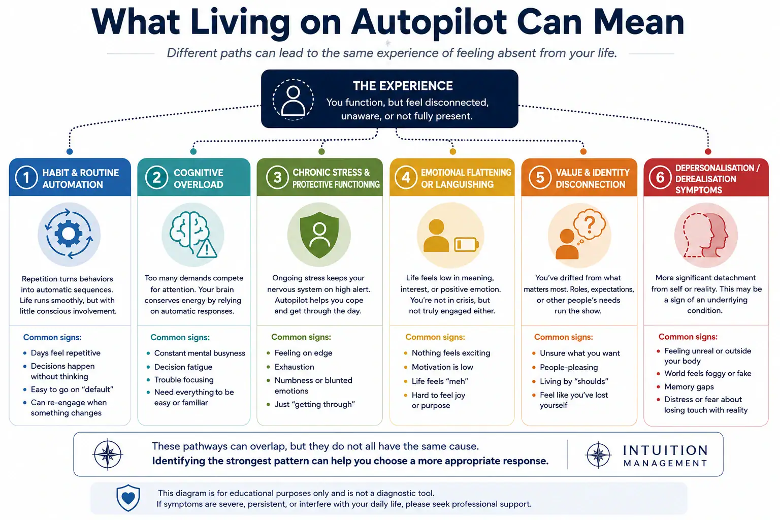What Living on Autopilot Can Mean diagram showing six pathways: habit and routine automation, cognitive overload, chronic stress, emotional flattening, value and identity disconnection, and depersonalisation or derealisation symptoms.