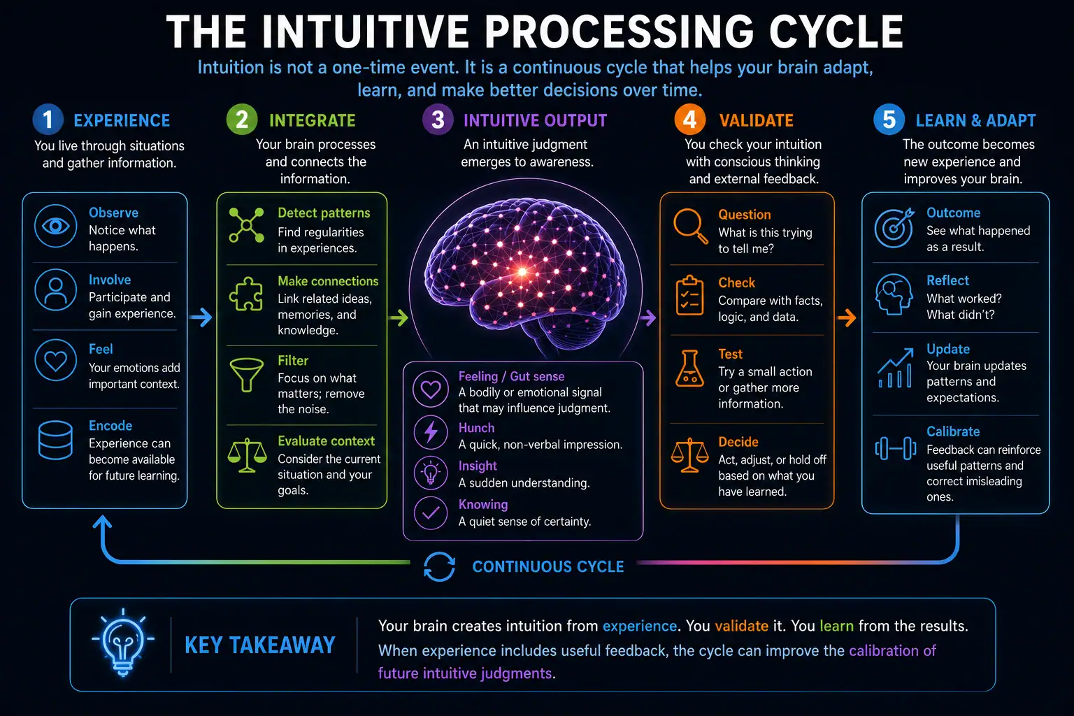 The intuitive processing cycle from experience and integration through intuitive output, validation, learning and calibration