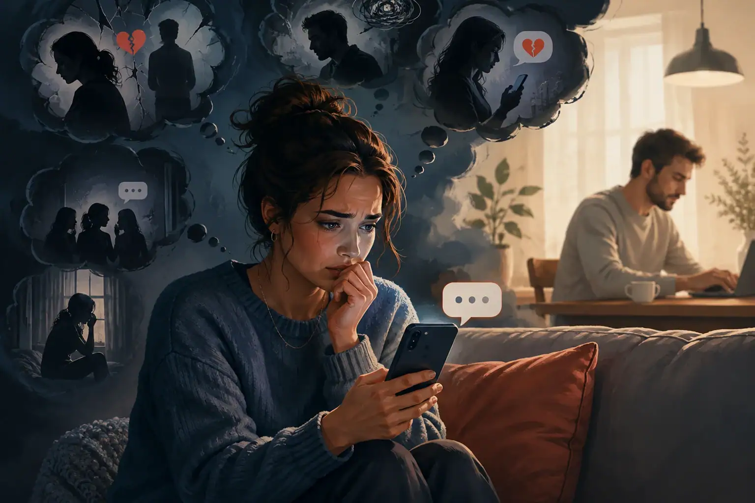 Woman worried about a phone message while imagining worst-case relationship scenarios