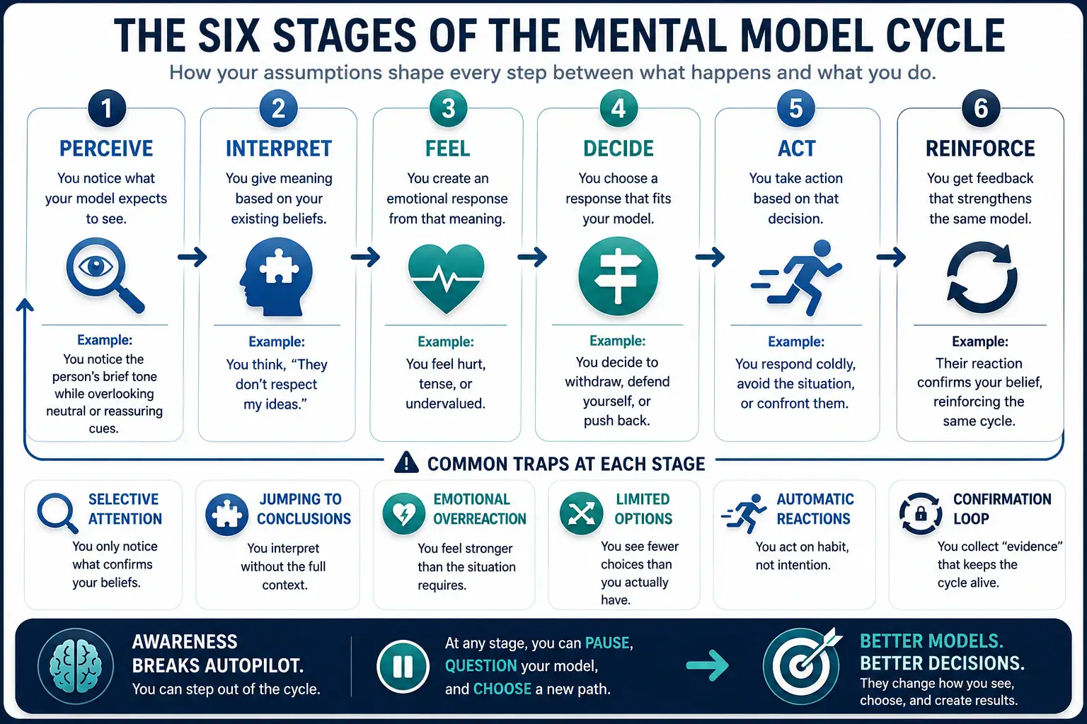 Six stages of the mental model cycle: perceive, interpret, feel, decide, act, and reinforce.