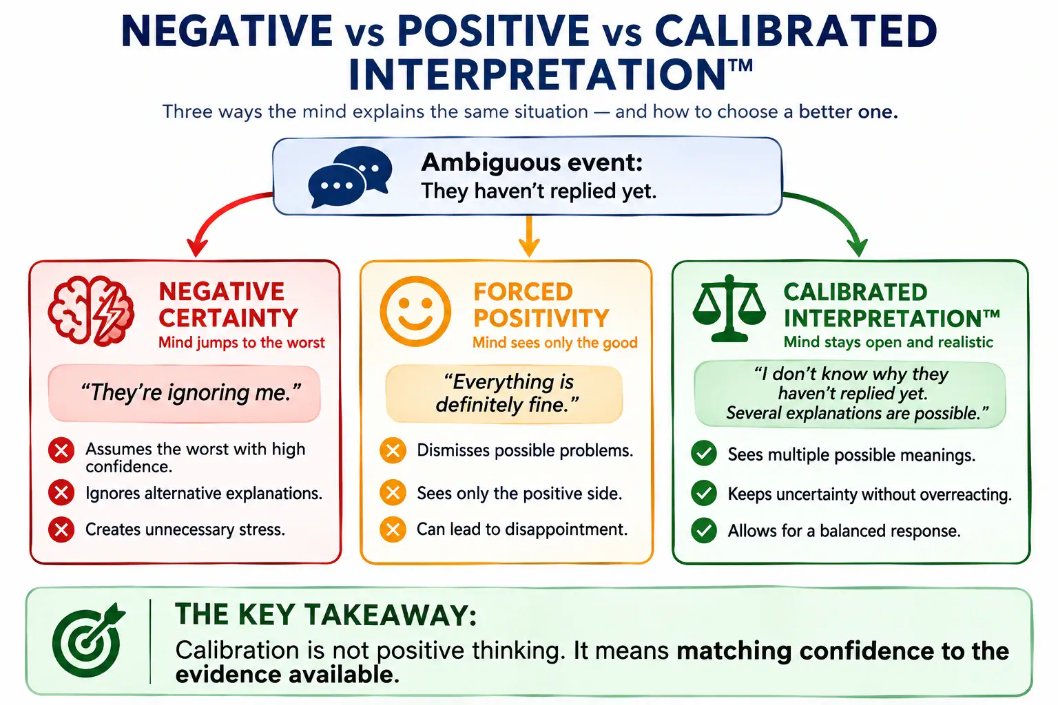 Negative certainty versus forced positivity versus calibrated interpretation