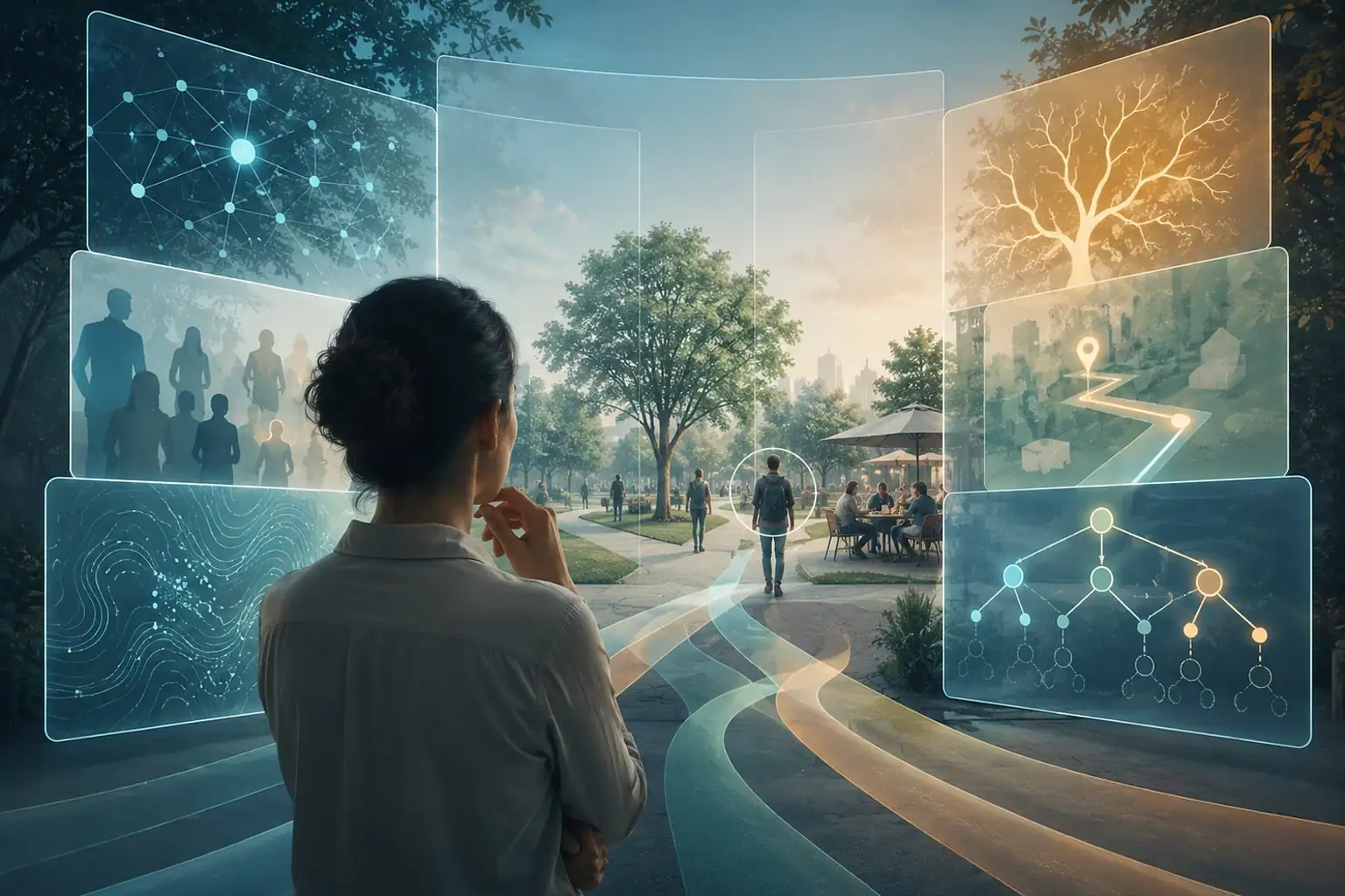 A person viewing everyday life through layered mental models that shape perception, predictions, and decisions.