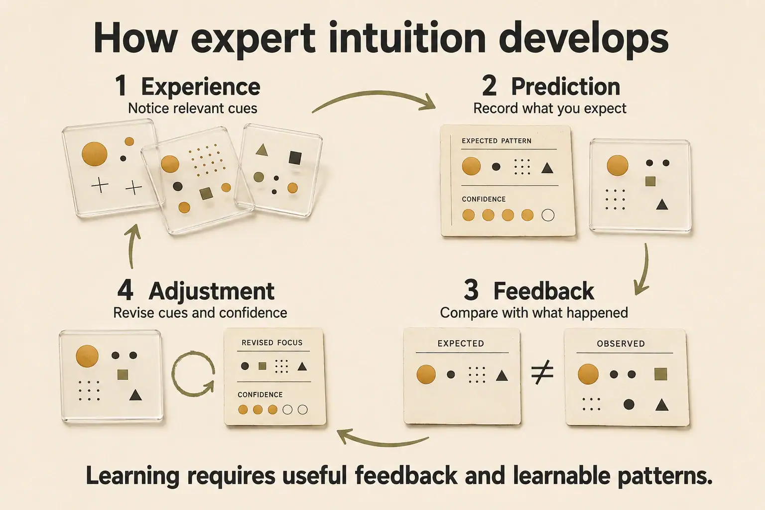 Expert intuition learning loop showing experience, prediction, feedback, and adjustment.