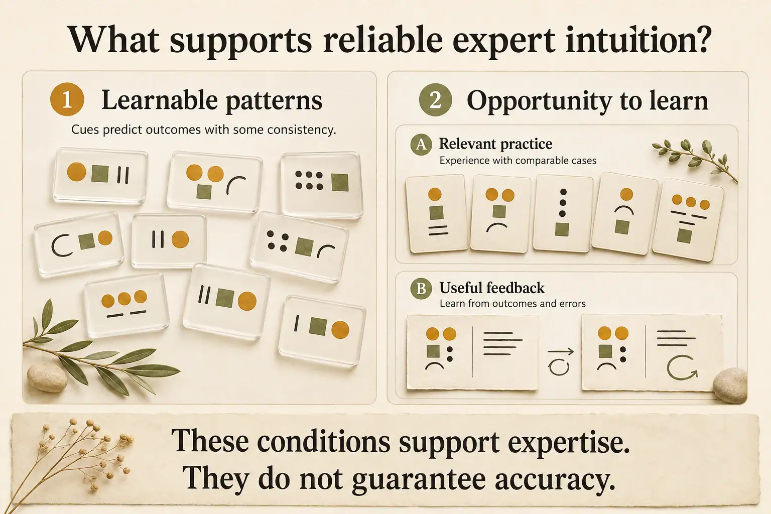 Two foundations for expert intuition: learnable patterns and opportunities to learn through practice and feedback.
