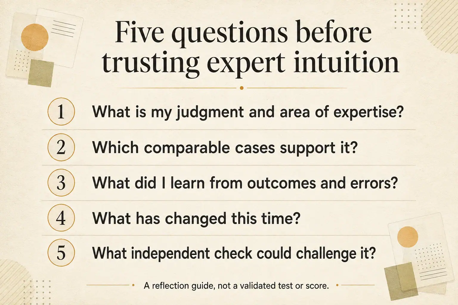 Five questions to assess expert intuition: expertise, comparable cases, outcomes, context changes, and independent checks.