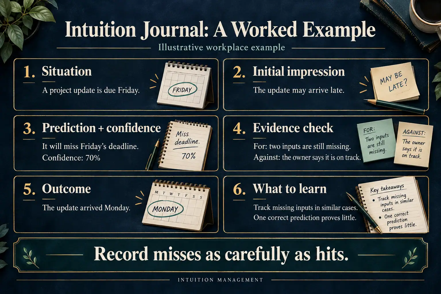 Intuition journal example recording a deadline prediction, confidence, evidence, outcome, and lesson learned.