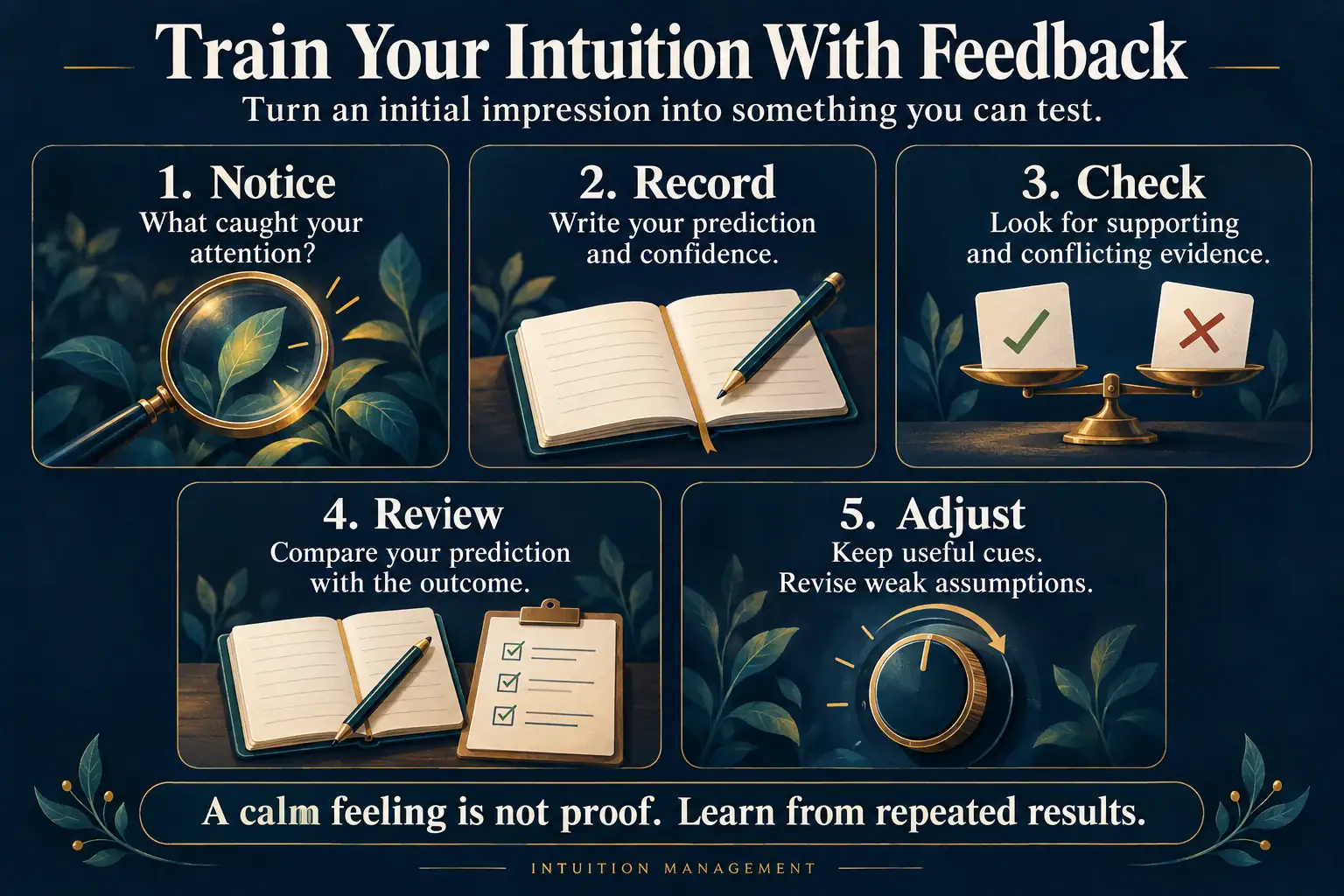 Five steps for training intuition through feedback: notice, record, check, review, and adjust.