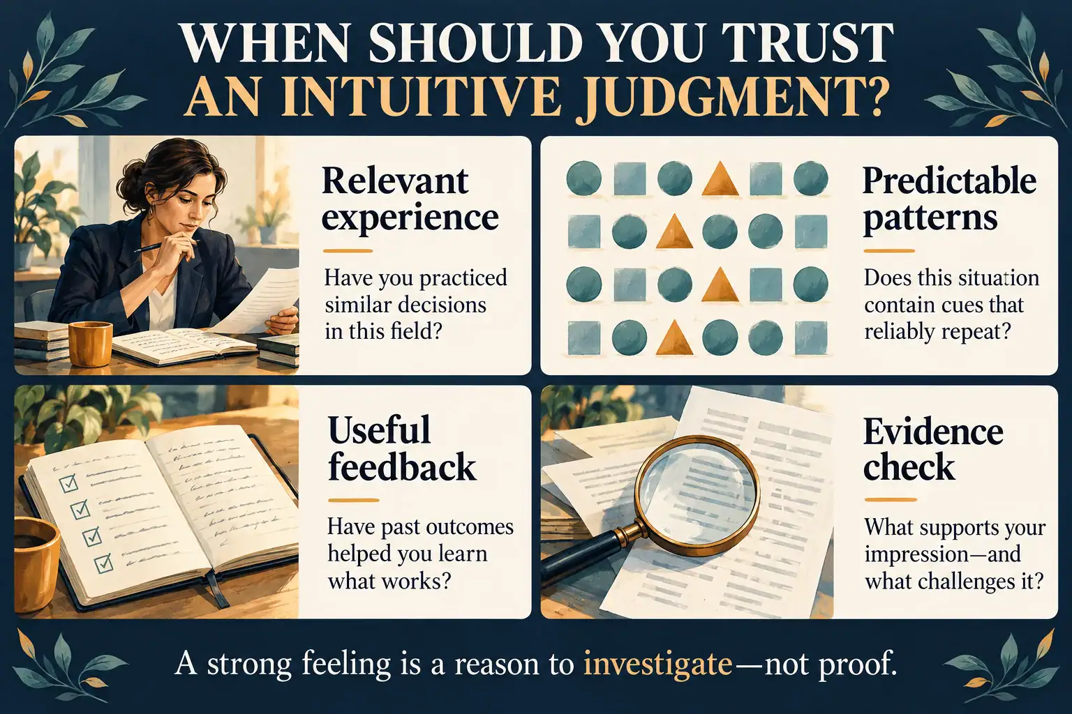 Four checks for intuitive judgment: relevant experience, predictable patterns, useful feedback, and an evidence check