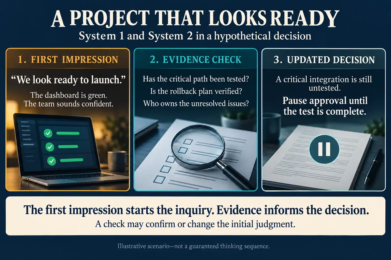 Hypothetical launch decision: a positive first impression leads to evidence checks that reveal an untested critical integration.