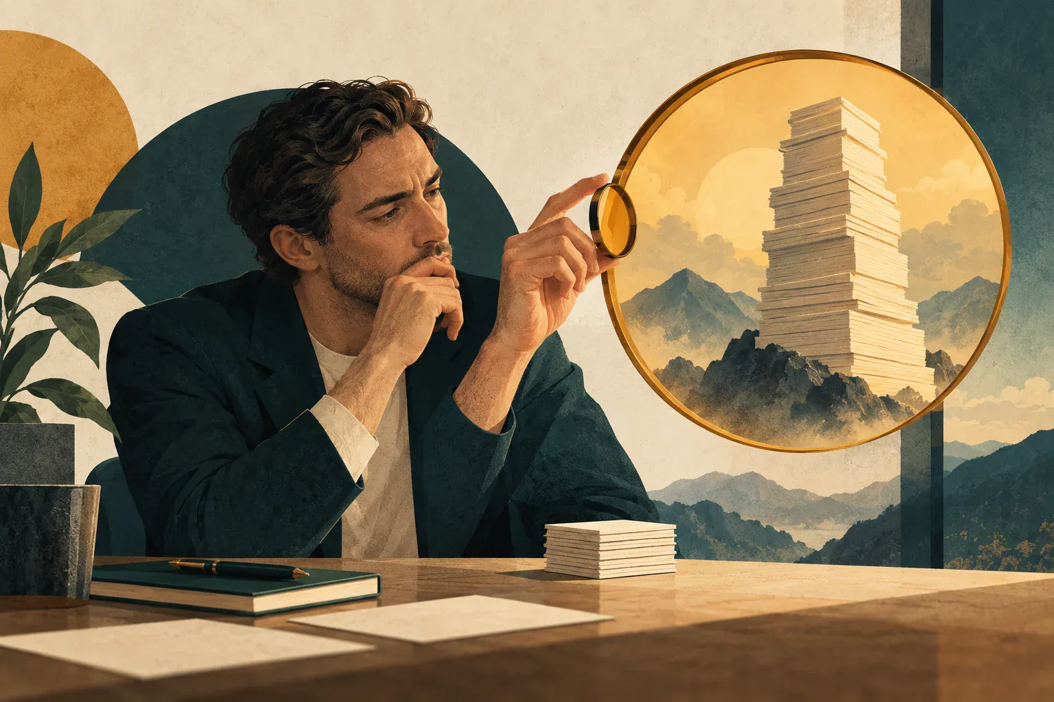 Illustration of a small stack of evidence appearing much larger through an amber lens