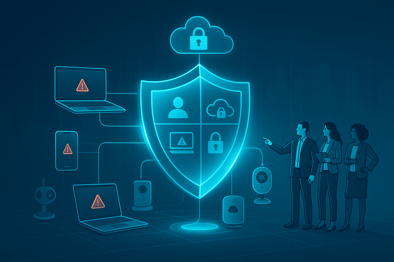 Illustration of a cybersecurity concept featuring a large glowing shield with icons for user identity, cloud security, and device protection, connected to laptops, smartphones, and cameras, with three business professionals observing the secure network.