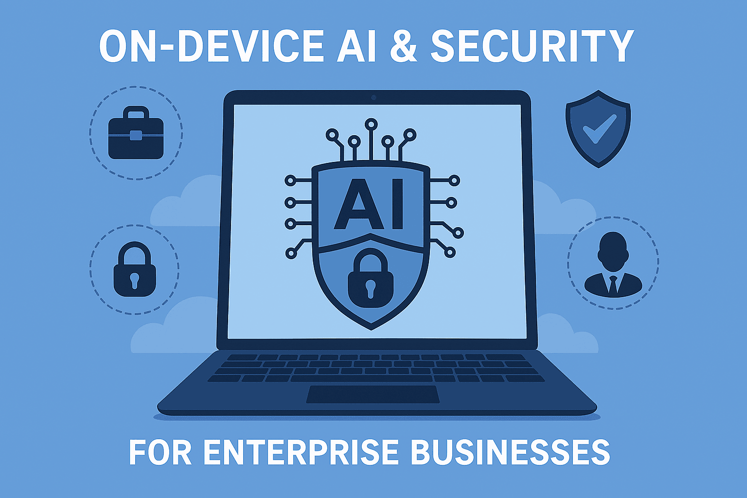 Graphic illustrating on-device AI and security for enterprise businesses, featuring a laptop with a shield icon labeled AI and a padlock, surrounded by icons for data protection, identity, and secure access.