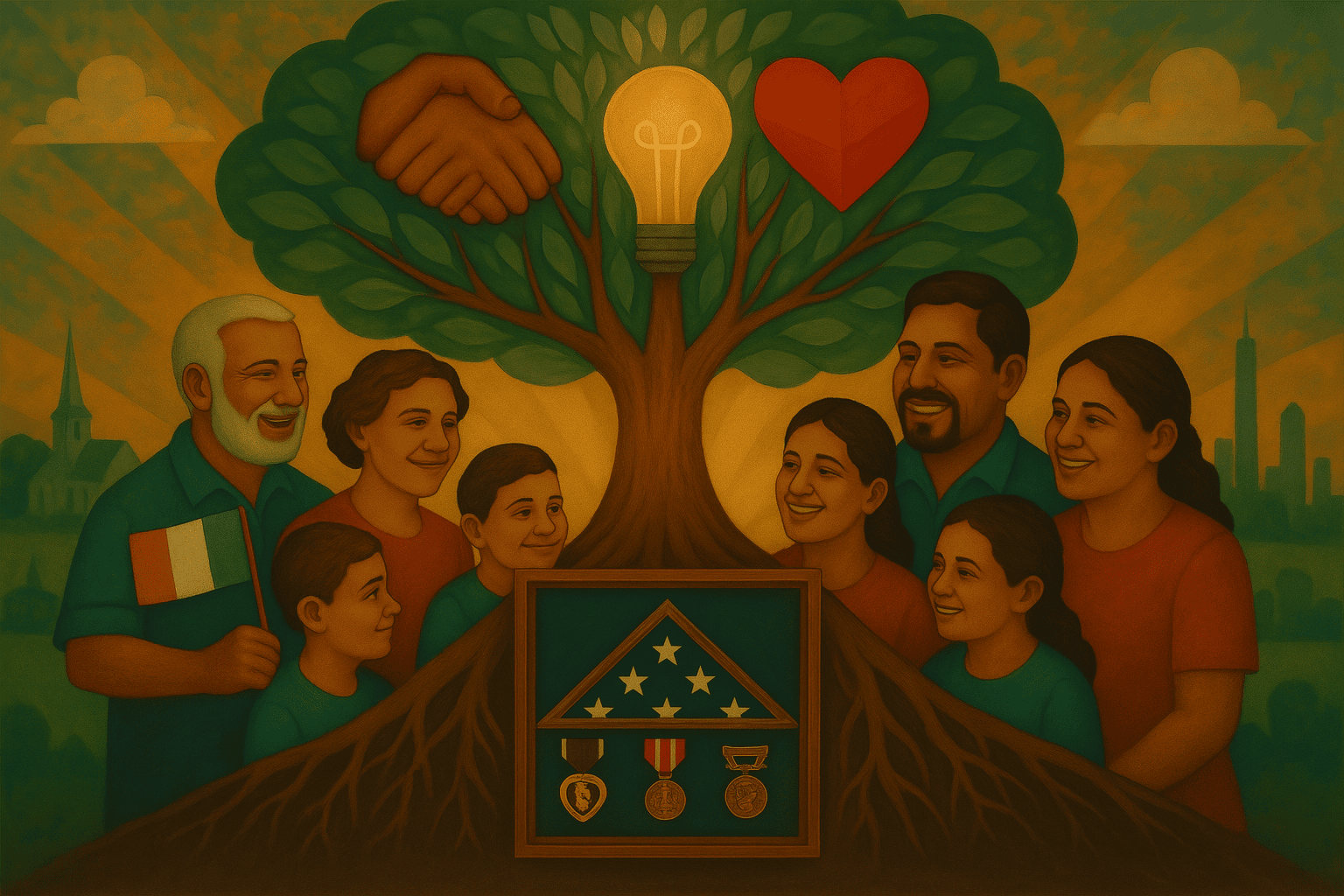 Illustration of a family gathered around a tree with roots forming a display of military medals and a folded American flag, featuring symbols of unity, love, and knowledge such as a handshake, heart, and light bulb in the branches.