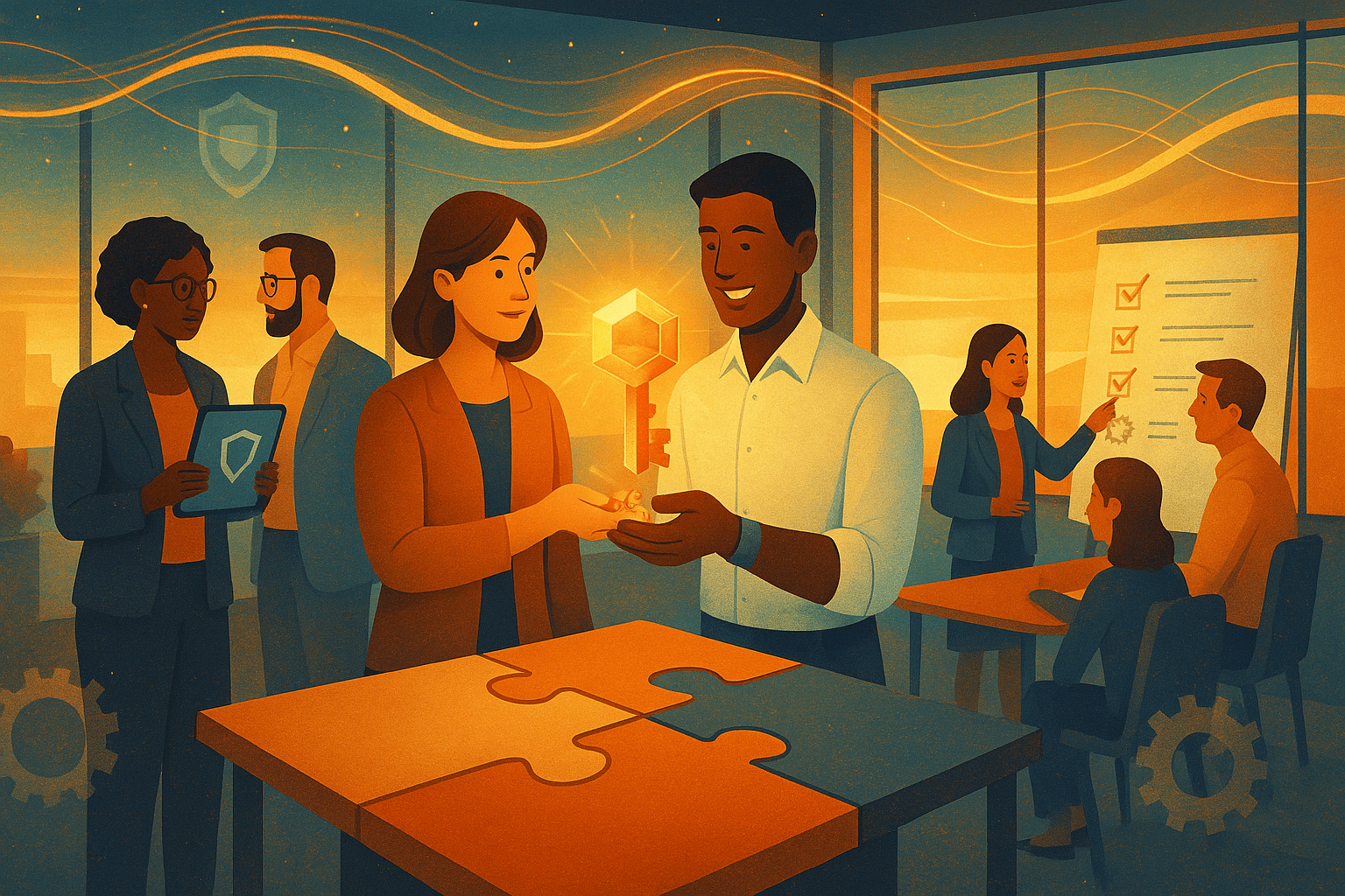 Illustration of a business collaboration scene with professionals exchanging a golden key symbolizing partnership and solutions, surrounded by puzzle pieces, security icons, and a checklist presentation in a modern office setting.