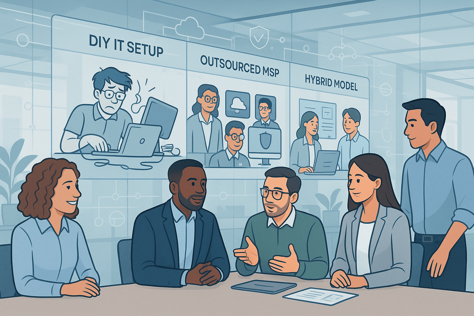 Illustration of a business meeting discussing IT service models with a wall display showing three options: DIY IT Setup, Outsourced MSP, and Hybrid Model, featuring professionals seated at a conference table with documents and digital screens in the background.
