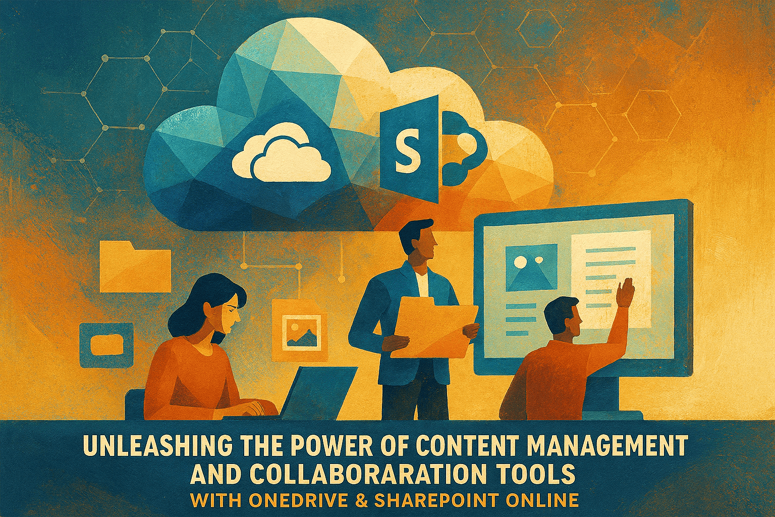 Illustration promoting content management and collaboration tools with OneDrive and SharePoint Online, featuring large cloud and SharePoint icons, a laptop, and professionals working on digital documents in a modern office setting.