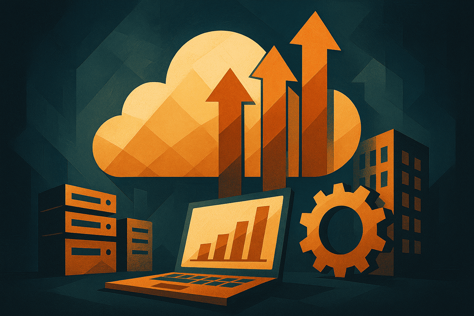 Illustration of cloud computing and business growth featuring a large cloud icon, upward arrows, a laptop displaying a bar chart, server racks, and a gear symbol representing technology and scalability.