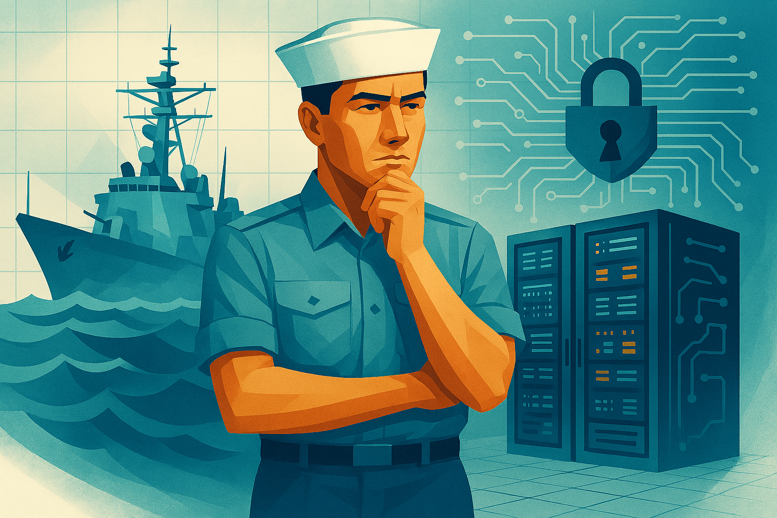 Illustration of a naval officer standing in front of a warship, with cybersecurity elements including a padlock icon and server racks, symbolizing military technology and secure communications.